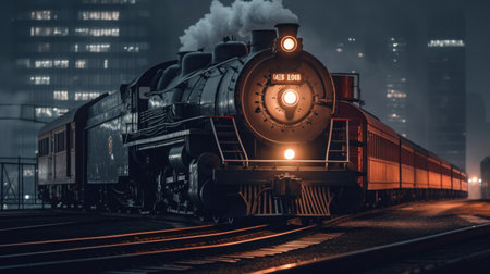 steam train in the night cityの素材