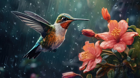 The hummingbird and flowers rainingの素材