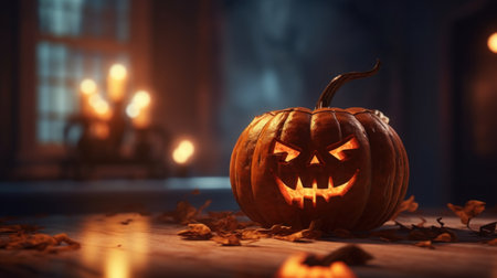 Halloween pumpkin and candle lighting in the roomの素材
