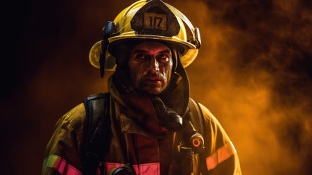 portrait of a male fireman at action fightingの素材