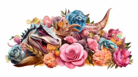 tyrannosaurus rex enjoy with the flowerの素材