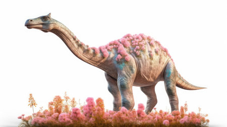 A tyrannosaurus rex dinosaur with flower on isolated white backgroundの素材