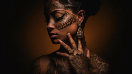 portrait of a person with a face henna tattooの素材