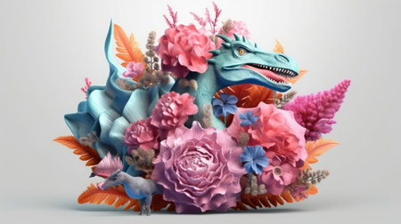 T-rex color pastel with colorful flowers isolated white backgroundの素材