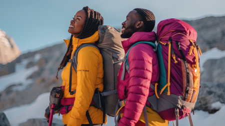 group of people hiking in mountainsの素材