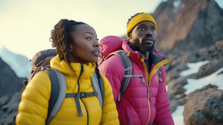 Black couple looking at the view of hiking trailの素材