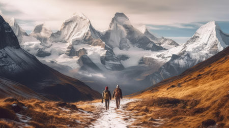 view from the top of the mountain and couple trekkingの素材