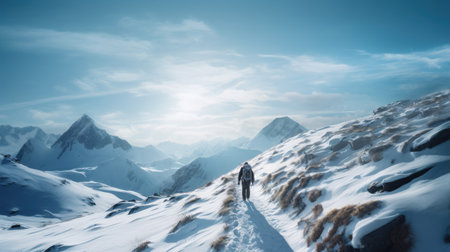 Person trekking on the snow-covered mountains in winterの素材