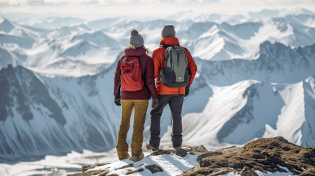The couple hiking in the snow mountainsの素材