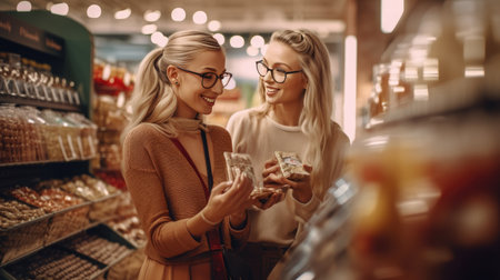 Two women smiling in the shopping mallの素材