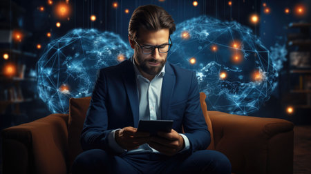 Businessman use the tablet with network motion in the backgroundの素材