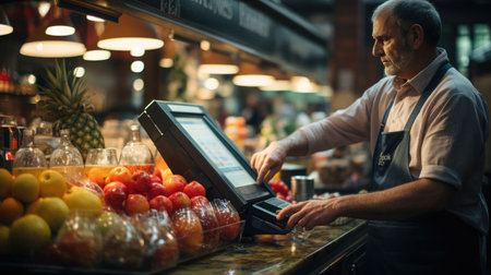 Cashier using a cash register to pay with a credit cardの素材