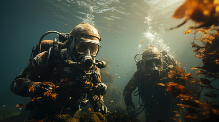 The scuba divers exploring under the seaの素材