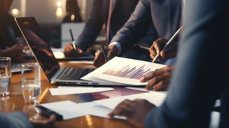 Business close-up the laptop ad document on the tableの素材