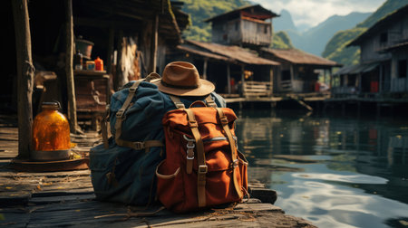 Backpack of the traveler on the woodenの素材