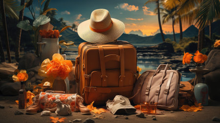 travel suitcase on the beach and  other accessoriesの素材