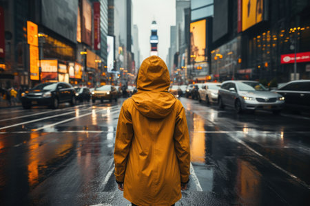 the person walking in the city at rainingの素材