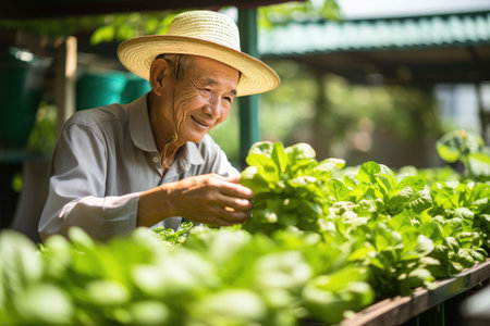 Asian senior couple smart farmer growing hydroponic vegetablesの素材