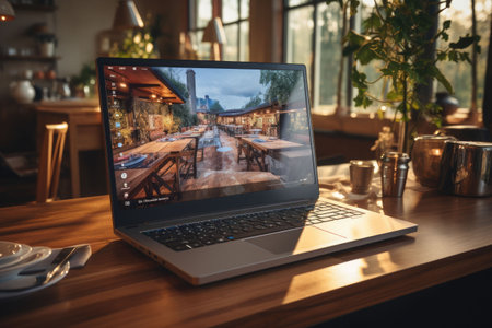 The laptop on the wooden table gear of a freelance content creatorの素材