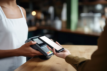 waiter give a card reader machine for the customer to make payment transaction with the cashless contactless methodの素材