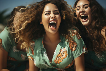 Young woman laughing happily with friends at the beachの素材