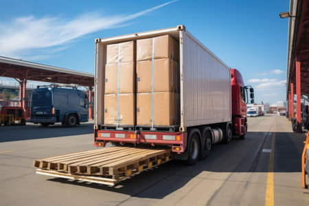 Cargo trucks transfer cargo at the port.の素材