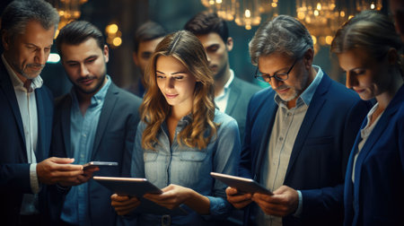 A senior employee introduces the use of tablets to employees togetherの素材