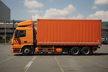 Orange cargo truck on the portの素材