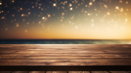 wooden table stage background and sea viewの素材