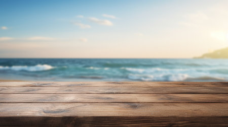 the wooden table stage background and the sea blurの素材