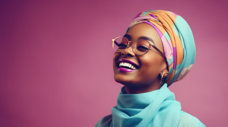 African woman with turban smiling face left and wearing sunglasses on the isolated pastel backgroundの素材