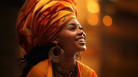 African woman with turban smiling face left and wearing sunglasses on the isolated pastel backgroundの素材