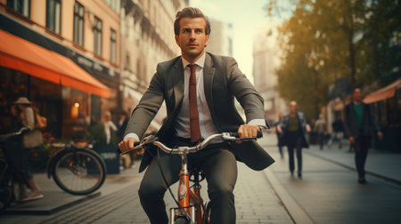 Businessman dressed in a suit and riding a bicycle to workの素材