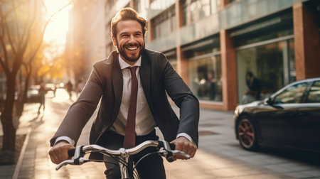 Businessman dressed in a suit and riding a bicycle to workの素材