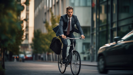 Businessman dressed in a suit and riding a bicycle to workの素材