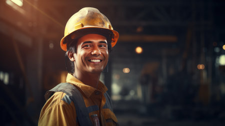 smile of worker at work wearing helmetの素材