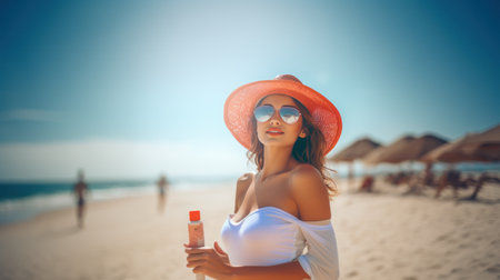 young woman applying sunscreen at the beachの素材