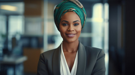 African businesswoman wearing suit with turban smiling in the officeの素材