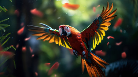 a flying parrot in the green tropicalの素材