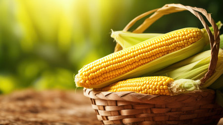 close-up corn in the wooden basketの素材