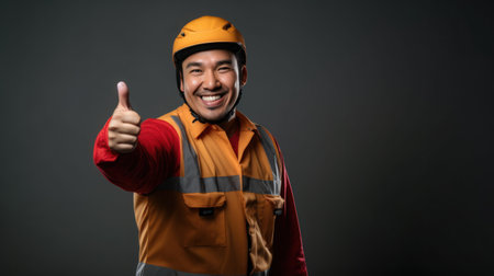 Delivery worker in uniform with smile and showing thumb upの素材