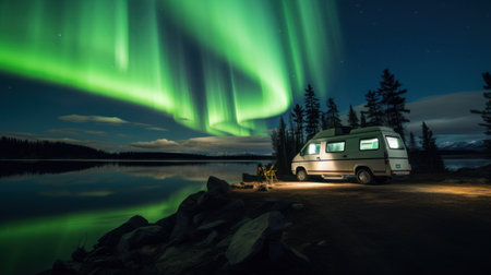 Car camping with aurora night lightの素材