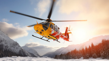 Rescue helicopter landing at snow mountainsの素材