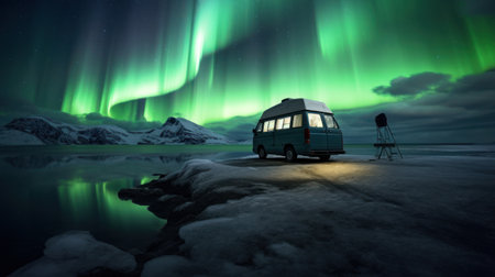 Car camping with aurora night lightの素材