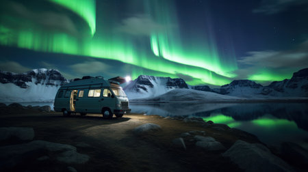 Car camping with aurora night lightの素材