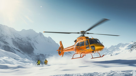 Rescue helicopter landing at snow mountainsの素材