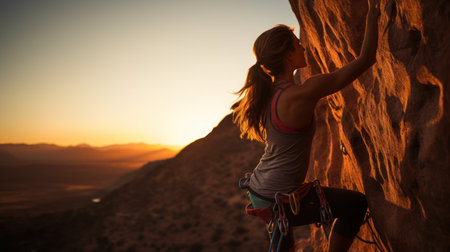 Young woman rock climbing in the during sunriseの素材