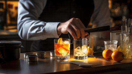 Professional bartender in black apron pours drink from shaker into glassの素材