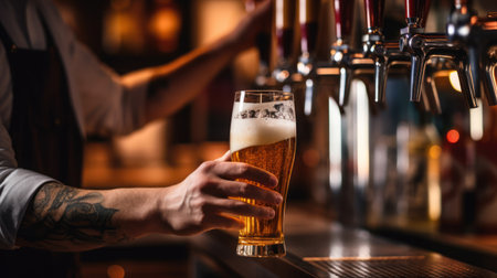 close-up hands of bartender opening pouring a beer from the tapの素材