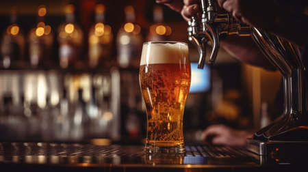 close-up craft beer on the wooden barの素材